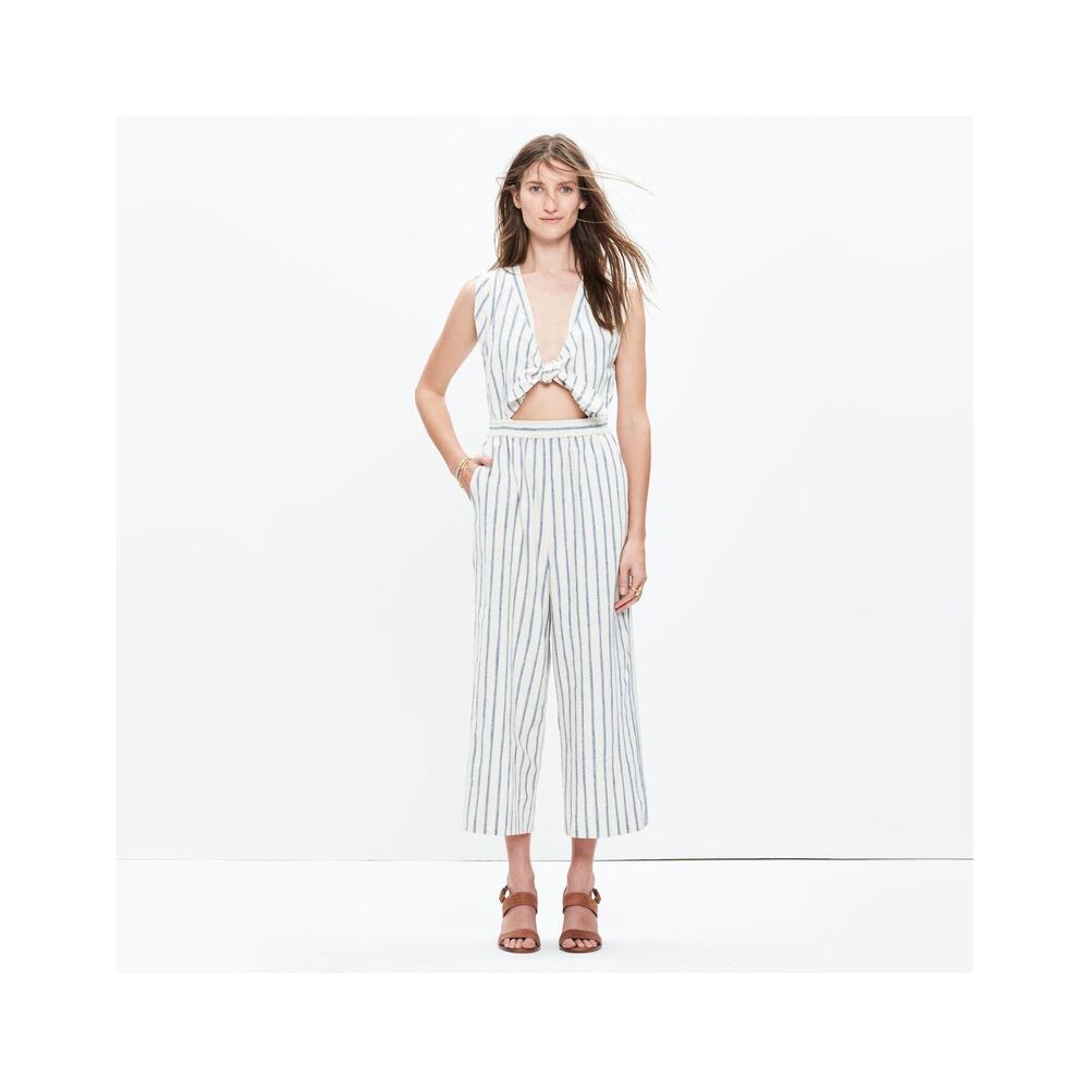 Madewell | Linen & Cotton Tie-Front Culotte Jumpsuit | Blue Ikat Stripe | Size 4